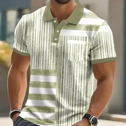 Men's Graphic Vertical Stripes Polo Short Sleeve Polo Shirts Collared Shirts Business Casual Outdoor Athleisure Daily Wear Buttons 3D Print Summer Blue Brown Green