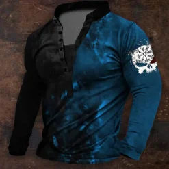 Men's Graphic Viking Henley Shirt Long Sleeve 3D Printing Daily Retro Vintage Casual Holiday Going out Festival Spring & Fall Blue Red Purple Green Henley Henley T-Shirt