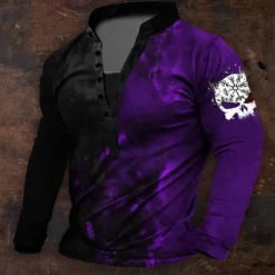 Men's Graphic Viking Henley Shirt Long Sleeve 3D Printing Daily Retro Vintage Casual Holiday Going out Festival Spring & Fall Blue Red Purple Green Henley Henley T-Shirt