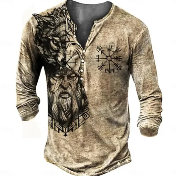 Men's Graphic Viking Henley Shirt Long Sleeve 3D Print Daily Casual Vintage Retro Casual Holiday Going out Spring & Fall Khaki Henley Henley T-Shirt
