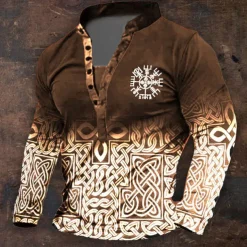 Men's Graphic Viking Henley Shirt Long Sleeve 3D Printing Daily Retro Vintage Casual Holiday Going out Festival Spring & Fall Black Blue Brown Green Henley Henley T-Shirt