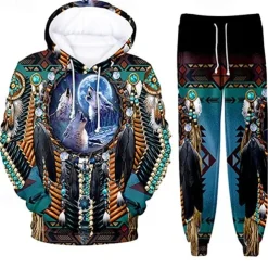 Men's Graphic Wolf Bohemian Style 2pcs 3D Sweatshirt Sets Tracksuit Hoodies Long Sleeve Long pants Hooded Streetwear Designer Basic Sports & Outdoor Casual Sports Print Spring Fall Blue Orange Brown