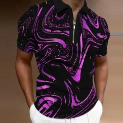 Men's Graphic Zip Polo Shirts Golf Shirt Short Sleeve Polo Shirts Collared Shirts Casual Vacation Wear Rave Wear Party Outfits 3D Print Quarter Zip Polo Yellow Blue Purple