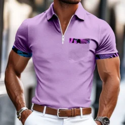 Men's Graphic Zip Polo Short Sleeve Turndown Business Casual Daily Sports & Outdoor Athleisure Casual Daily Pocket Summer Violet Robin's Egg Blue Pink