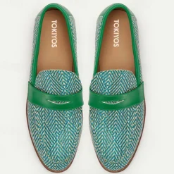 Men's Green & Beige Nylon Woven Loafers – Stylish Slip-On Dress Shoes for Weddings & Parties