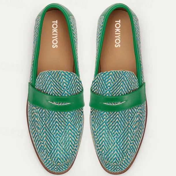 Men's Green & Beige Nylon Woven Loafers – Stylish Slip-On Dress Shoes for Weddings & Parties