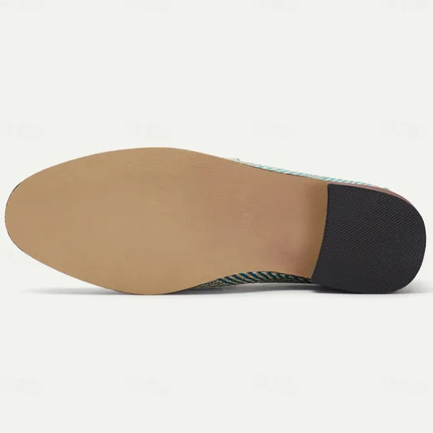 Men's Green & Beige Nylon Woven Loafers – Stylish Slip-On Dress Shoes for Weddings & Parties