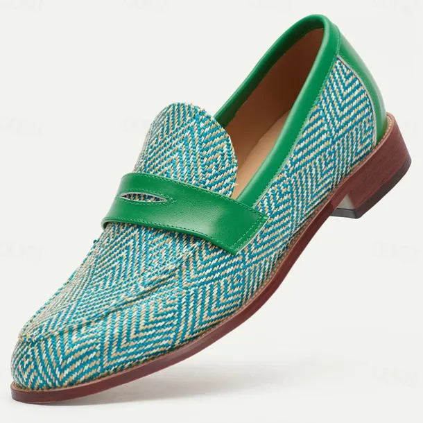 Men's Green & Beige Nylon Woven Loafers – Stylish Slip-On Dress Shoes for Weddings & Parties