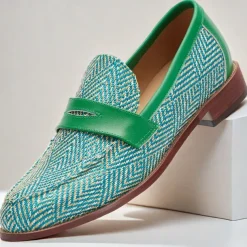 Men's Green & Beige Nylon Woven Loafers – Stylish Slip-On Dress Shoes for Weddings & Parties