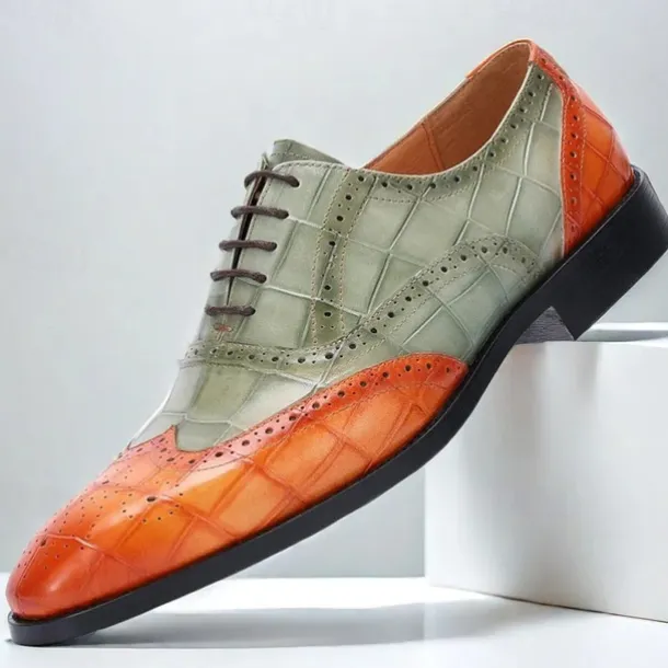 Men's Green and Orange Wingtip Oxford Shoes – Premium Cowhide Leather, Crocodile Embossed Pattern, Brogue Detailing, Elegant Formal Footwear for Weddings and Business Events