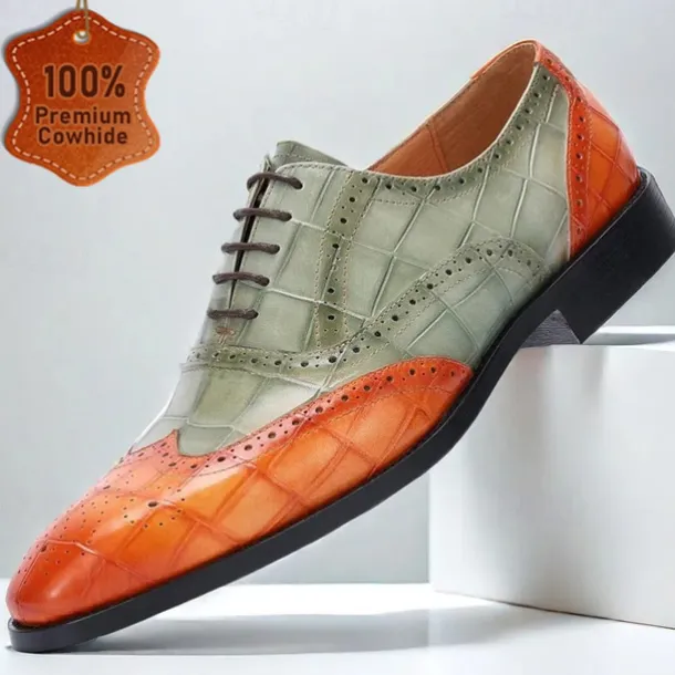 Men's Green and Orange Wingtip Oxford Shoes – Premium Cowhide Leather, Crocodile Embossed Pattern, Brogue Detailing, Elegant Formal Footwear for Weddings and Business Events