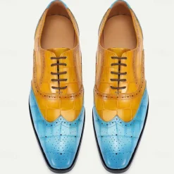 Men's Green and Orange Wingtip Oxford Shoes – Premium Cowhide Leather, Crocodile Embossed Pattern, Brogue Detailing, Elegant Formal Footwear for Weddings and Business Events