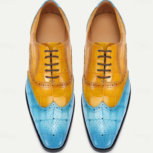 Men's Green and Orange Wingtip Oxford Shoes – Premium Cowhide Leather, Crocodile Embossed Pattern, Brogue Detailing, Elegant Formal Footwear for Weddings and Business Events