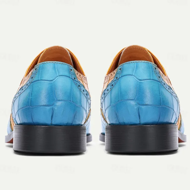 Men's Green and Orange Wingtip Oxford Shoes – Premium Cowhide Leather, Crocodile Embossed Pattern, Brogue Detailing, Elegant Formal Footwear for Weddings and Business Events