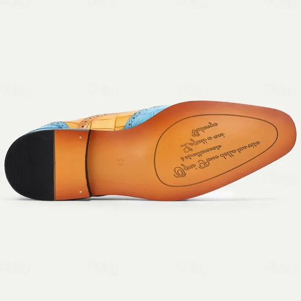 Men's Green and Orange Wingtip Oxford Shoes – Premium Cowhide Leather, Crocodile Embossed Pattern, Brogue Detailing, Elegant Formal Footwear for Weddings and Business Events