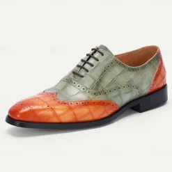 Men's Green and Orange Wingtip Oxford Shoes – Premium Cowhide Leather, Crocodile Embossed Pattern, Brogue Detailing, Elegant Formal Footwear for Weddings and Business Events