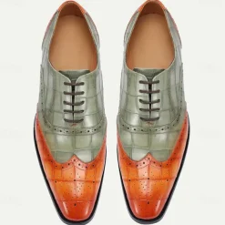 Men's Green and Orange Wingtip Oxford Shoes – Premium Cowhide Leather, Crocodile Embossed Pattern, Brogue Detailing, Elegant Formal Footwear for Weddings and Business Events