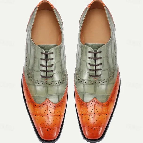 Men's Green and Orange Wingtip Oxford Shoes – Premium Cowhide Leather, Crocodile Embossed Pattern, Brogue Detailing, Elegant Formal Footwear for Weddings and Business Events
