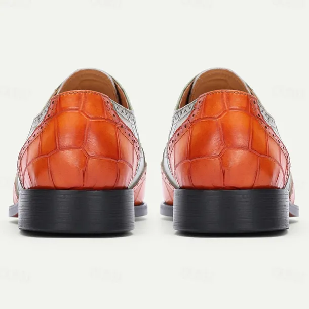 Men's Green and Orange Wingtip Oxford Shoes – Premium Cowhide Leather, Crocodile Embossed Pattern, Brogue Detailing, Elegant Formal Footwear for Weddings and Business Events