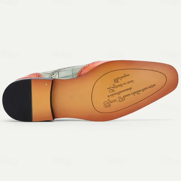 Men's Green and Orange Wingtip Oxford Shoes – Premium Cowhide Leather, Crocodile Embossed Pattern, Brogue Detailing, Elegant Formal Footwear for Weddings and Business Events