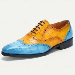 Men's Green and Orange Wingtip Oxford Shoes – Premium Cowhide Leather, Crocodile Embossed Pattern, Brogue Detailing, Elegant Formal Footwear for Weddings and Business Events