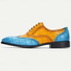 Men's Green and Orange Wingtip Oxford Shoes – Premium Cowhide Leather, Crocodile Embossed Pattern, Brogue Detailing, Elegant Formal Footwear for Weddings and Business Events