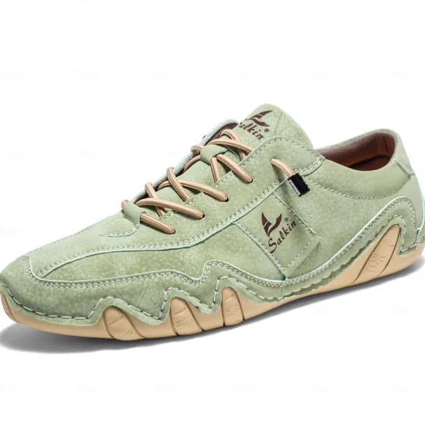 Men's Green Casual Faux Leather Sneakers with Unique Stitching and Lace-Up Design, Comfortable and Stylish for Everyday Wear