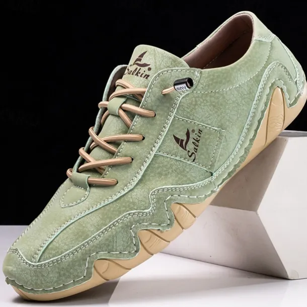 Men's Green Casual Faux Leather Sneakers with Unique Stitching and Lace-Up Design, Comfortable and Stylish for Everyday Wear