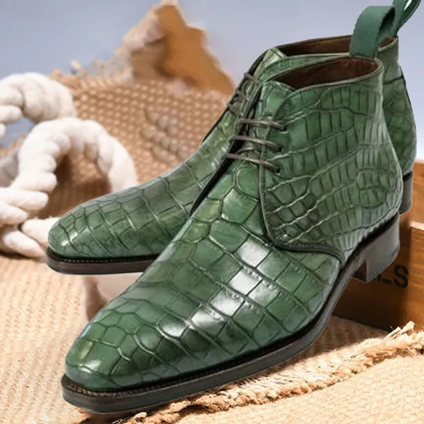 Men's Green Crocodile Pattern Faux Leather Ankle Boots - Luxurious and Stylish Footwear for Formal Events and Elegant Occasions