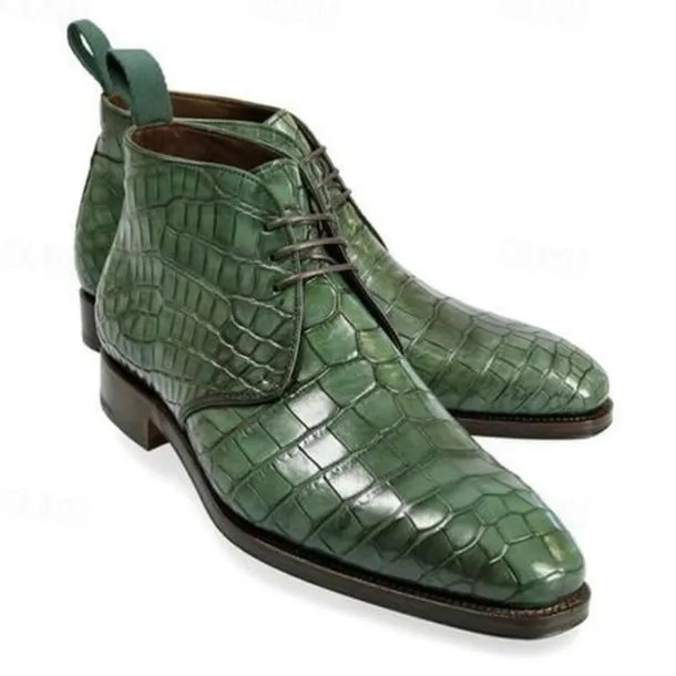 Men's Green Crocodile Pattern Faux Leather Ankle Boots - Luxurious and Stylish Footwear for Formal Events and Elegant Occasions