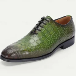 Men's Green Crocodile Pattern Leather Oxford Shoes – Premium Cowhide Lace-Up Design for Formal, Business and Special Occasions