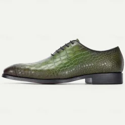 Men's Green Crocodile Pattern Leather Oxford Shoes – Premium Cowhide Lace-Up Design for Formal, Business and Special Occasions
