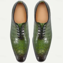 Men's Green Crocodile Pattern Leather Oxford Shoes – Premium Cowhide Lace-Up Design for Formal, Business and Special Occasions