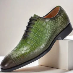Men's Green Crocodile Pattern Leather Oxford Shoes – Premium Cowhide Lace-Up Design for Formal, Business and Special Occasions