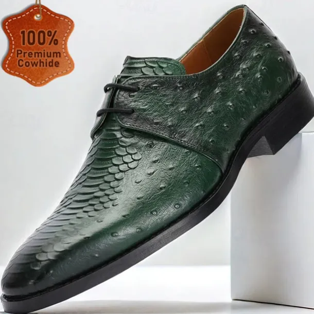 Men's Green Genuine Leather Oxford Shoes – Luxury Crocodile Pattern Lace-Up Dress Shoes for Kentucky Derby & Weddings