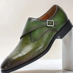 Men's Green Leather Monk Strap Dress Shoes – Premium Cowhide, Camouflage Pattern, Elegant Formal Footwear for Weddings and Business Events