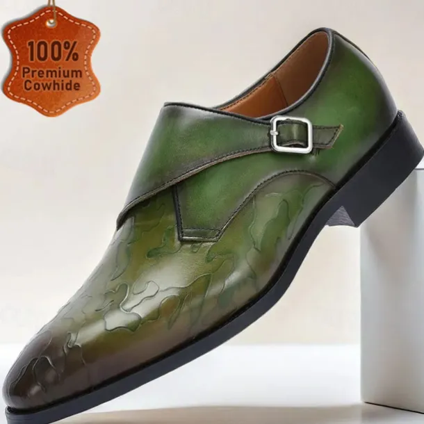 Men's Green Leather Monk Strap Dress Shoes – Premium Cowhide, Camouflage Pattern, Elegant Formal Footwear for Weddings and Business Events