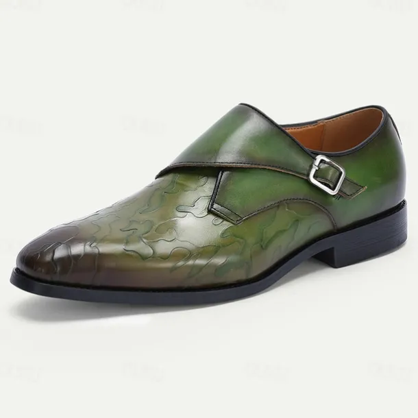 Men's Green Leather Monk Strap Dress Shoes – Premium Cowhide, Camouflage Pattern, Elegant Formal Footwear for Weddings and Business Events