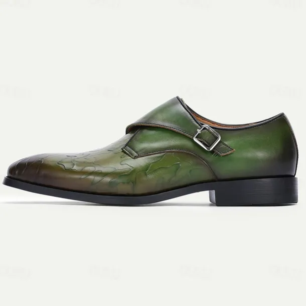 Men's Green Leather Monk Strap Dress Shoes – Premium Cowhide, Camouflage Pattern, Elegant Formal Footwear for Weddings and Business Events
