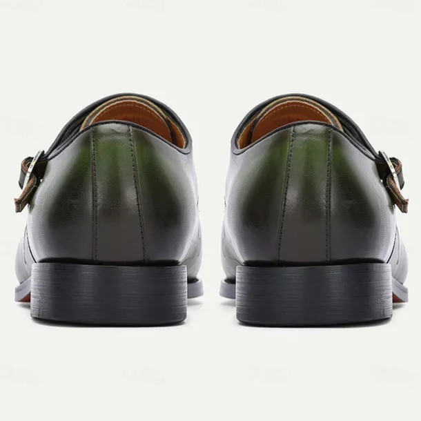 Men's Green Leather Monk Strap Dress Shoes – Premium Cowhide, Camouflage Pattern, Elegant Formal Footwear for Weddings and Business Events
