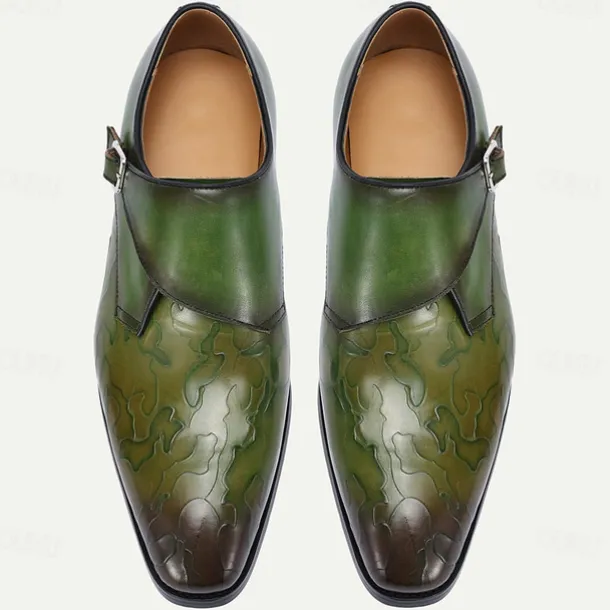 Men's Green Leather Monk Strap Dress Shoes – Premium Cowhide, Camouflage Pattern, Elegant Formal Footwear for Weddings and Business Events