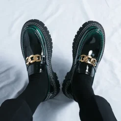Men's Green Patent Faux Leather Loafers with Gold Chain Detail and Chunky Lug Sole – Modern Casual Footwear for Everyday Style