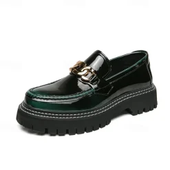 Men's Green Patent Faux Leather Loafers with Gold Chain Detail and Chunky Lug Sole – Modern Casual Footwear for Everyday Style