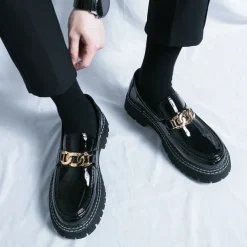 Men's Green Patent Faux Leather Loafers with Gold Chain Detail and Chunky Lug Sole – Modern Casual Footwear for Everyday Style