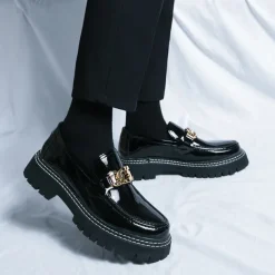 Men's Green Patent Faux Leather Loafers with Gold Chain Detail and Chunky Lug Sole – Modern Casual Footwear for Everyday Style