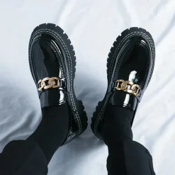 Men's Green Patent Faux Leather Loafers with Gold Chain Detail and Chunky Lug Sole – Modern Casual Footwear for Everyday Style