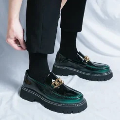 Men's Green Patent Faux Leather Loafers with Gold Chain Detail and Chunky Lug Sole – Modern Casual Footwear for Everyday Style