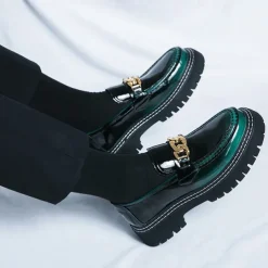Men's Green Patent Faux Leather Loafers with Gold Chain Detail and Chunky Lug Sole – Modern Casual Footwear for Everyday Style