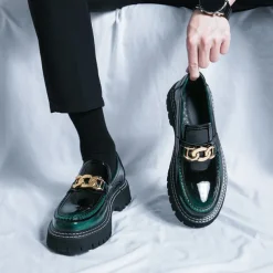 Men's Green Patent Faux Leather Loafers with Gold Chain Detail and Chunky Lug Sole – Modern Casual Footwear for Everyday Style
