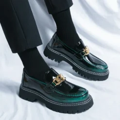 Men's Green Patent Faux Leather Loafers with Gold Chain Detail and Chunky Lug Sole – Modern Casual Footwear for Everyday Style